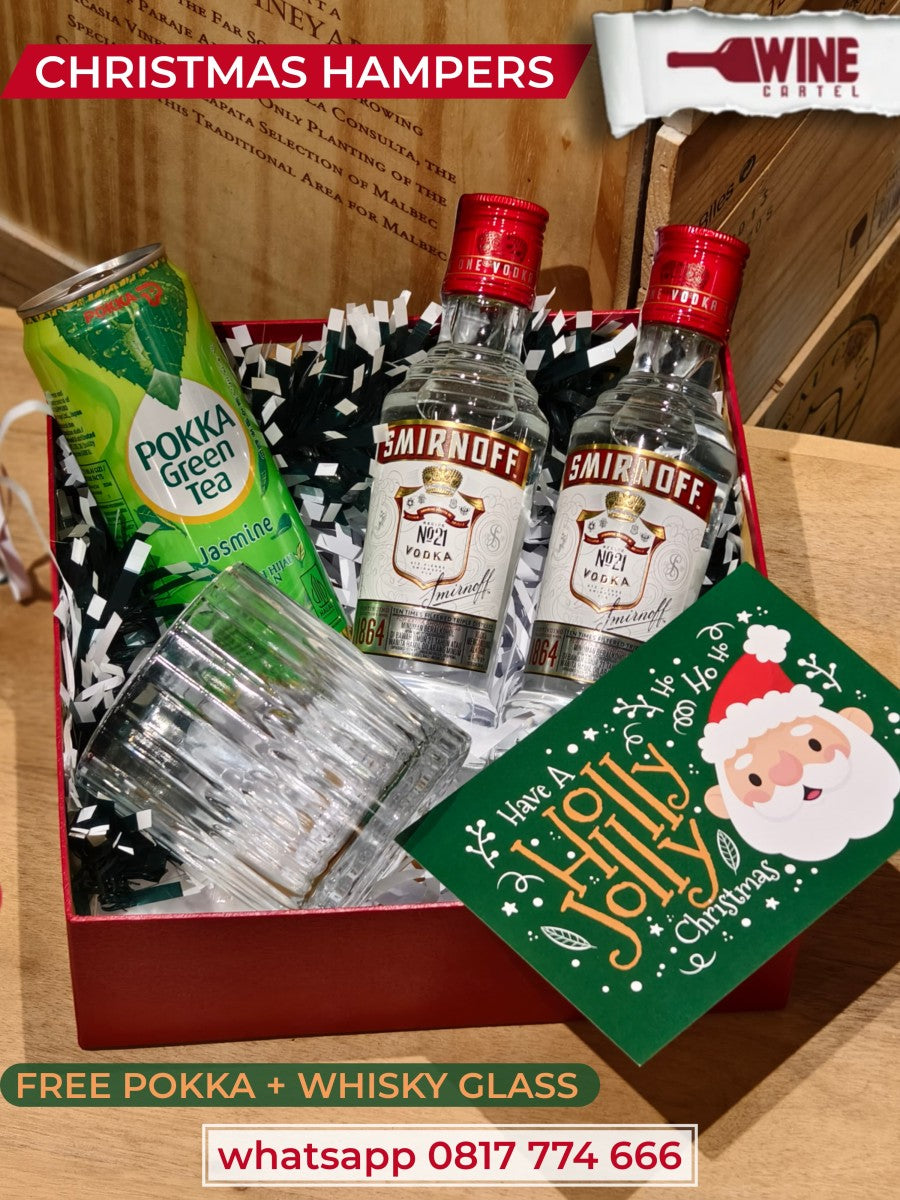 HAMPERS SET GIFT 2 BOTOL Smirnoff Vodka Red Label [200 mL] + POKKA GREEN RUSSIA  TEA + GLASS SET GELAS