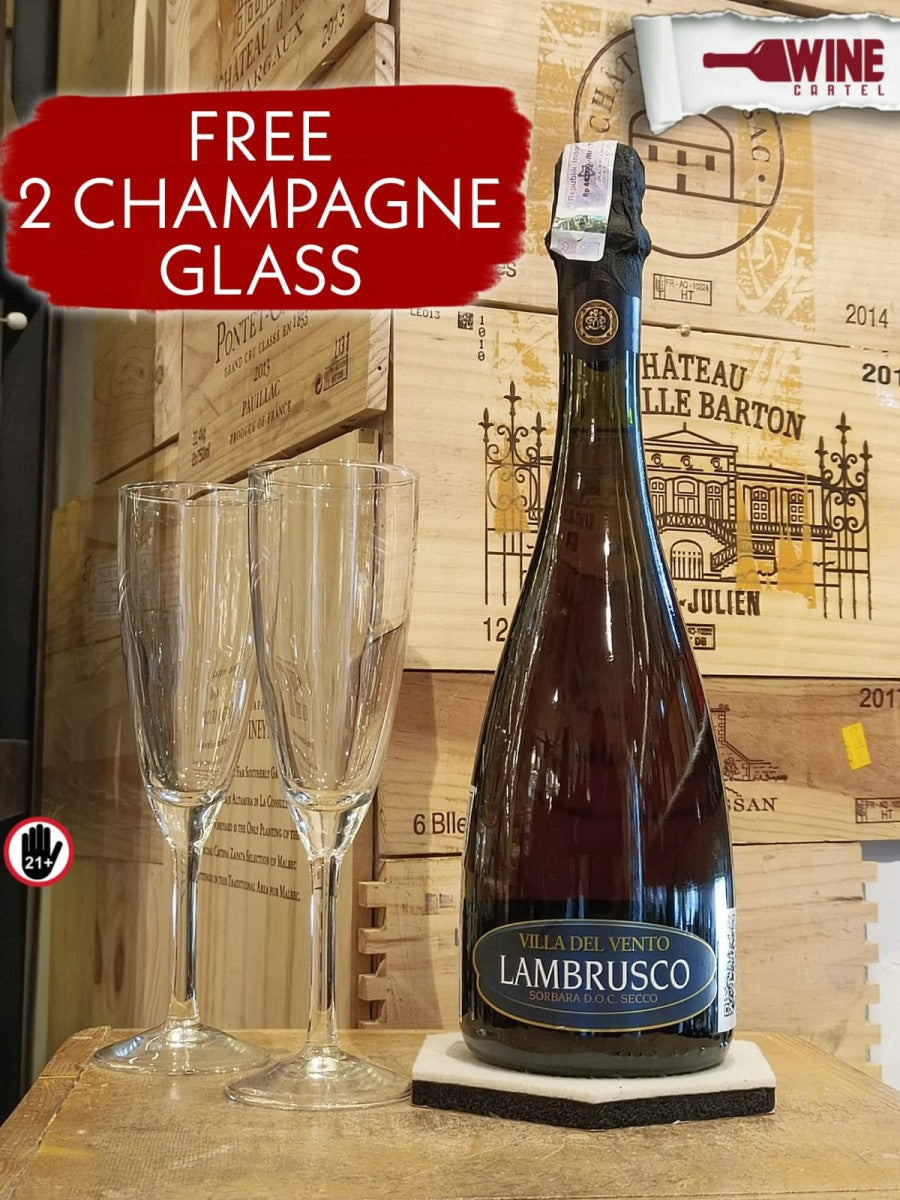 Villa Del Vento Lambrusco Sorbara D.O.C SECCO FREE 2 CHAMPAGNE GLASS ITALY