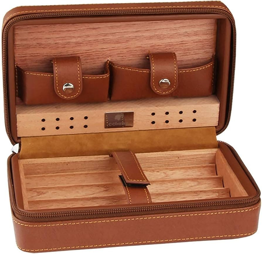 Portable Cigar Wood For 4 Cigars Cigar Humidor Box Travel Leather Box Case Kotak Cigar Penyimpanan Cerutu