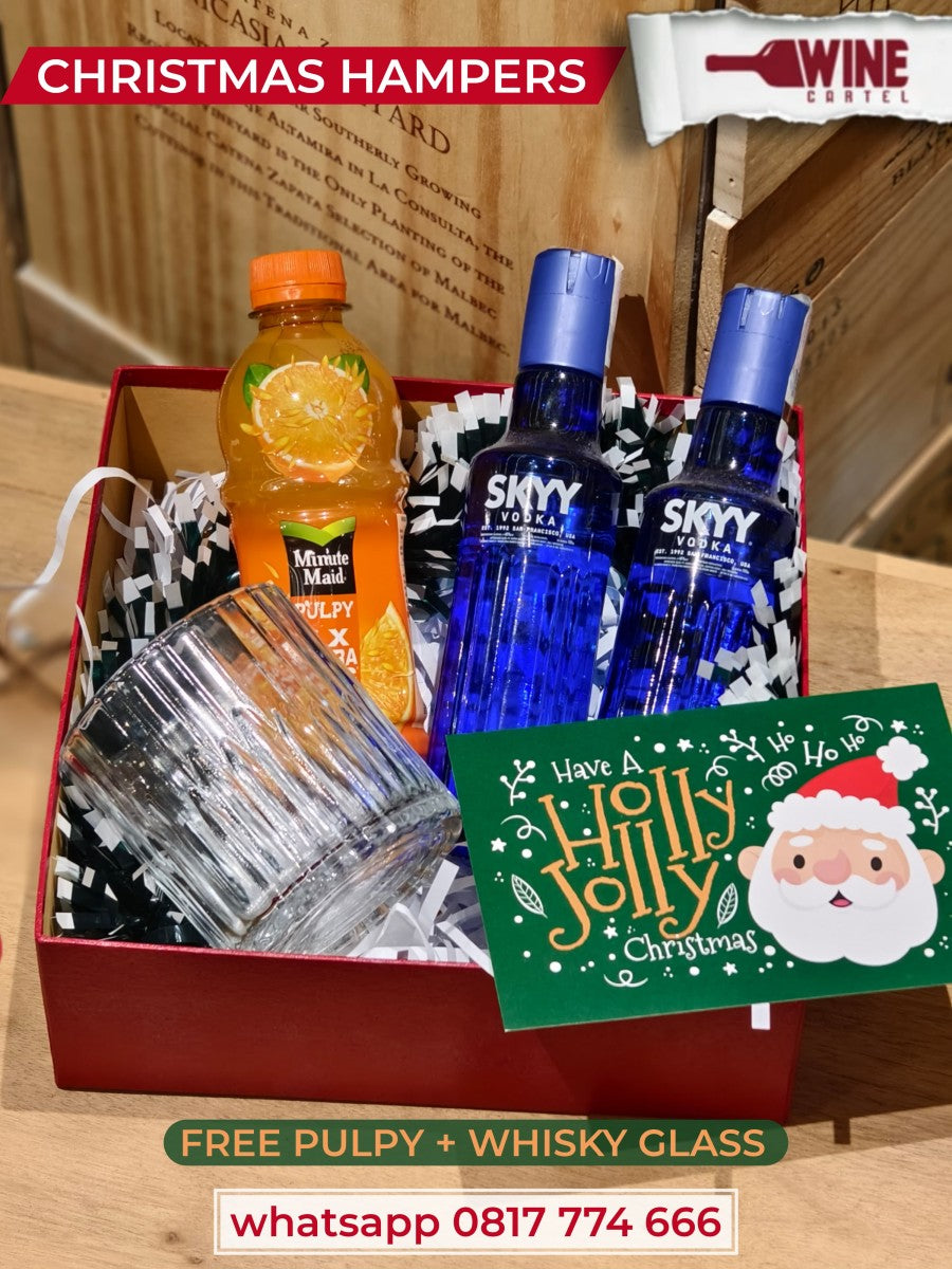 CHRITSMAS HAMPERS SET GIFT VODKA 2 BOTOL Skyy Vodka - MINI Sky Vodka bottle 180mL + PULPY ORANGE + GELAS SET BOX HADIAH NATAL PAKET CALIFORNIA