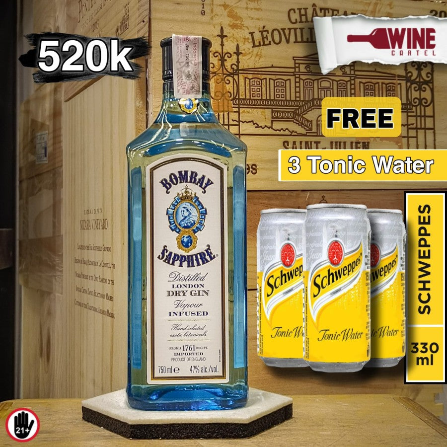 GIN Bombay Sapphire Gin 750 ML + FREE 3 Schweppes Cans Tonic Water ENGLAND