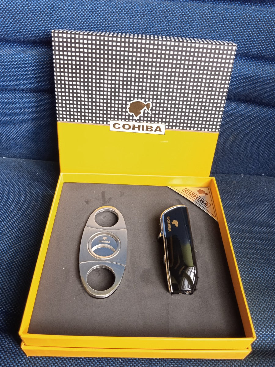 Lighter Cutter Korek Pemotong Cigar Cerutu COHIBA Hitam Gift Box Set