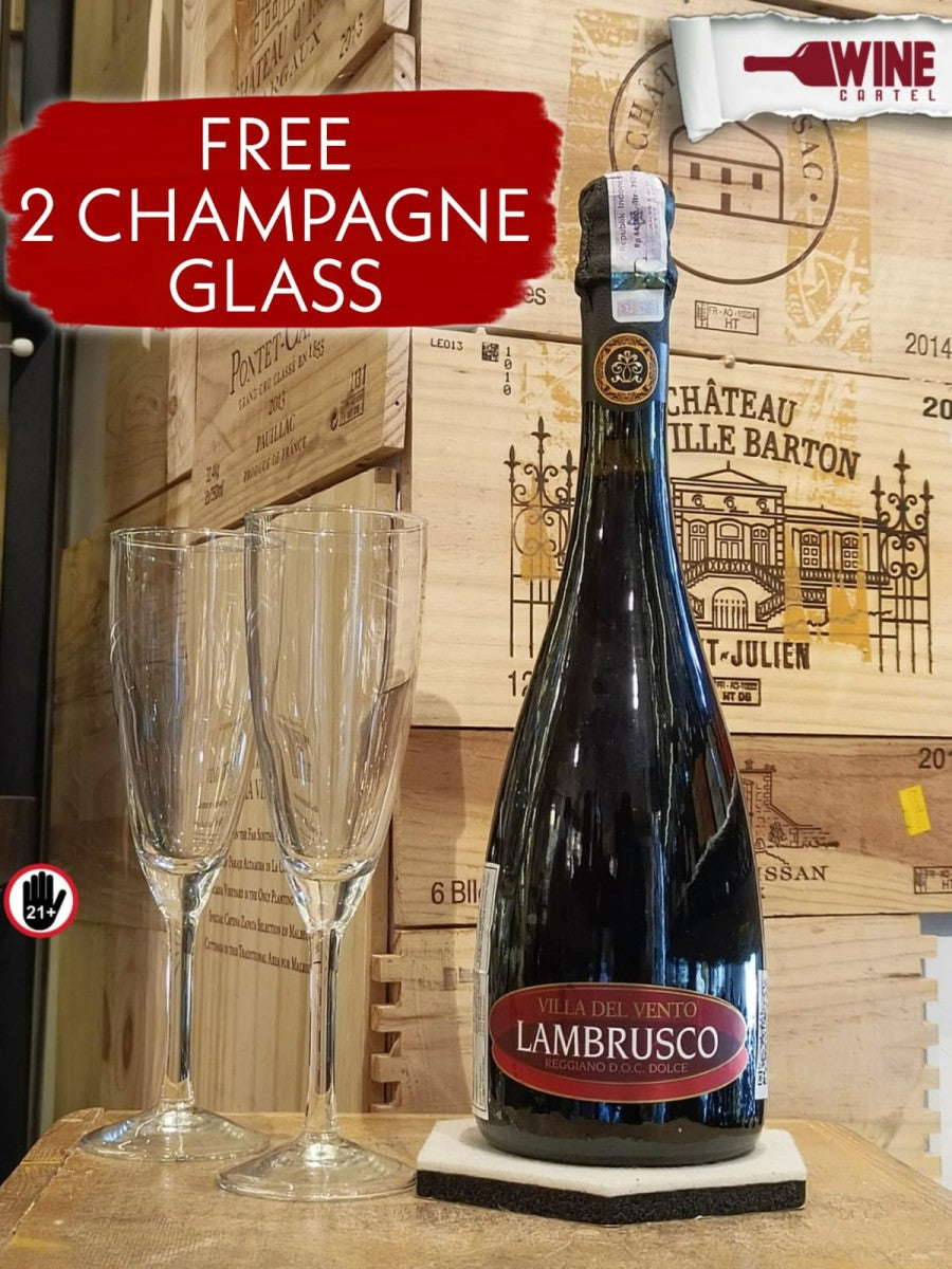 Villa Del Vento Lambrusco Reggiano Dolce Italy FREE 2 CHAMPAGNE GLASS ITALY