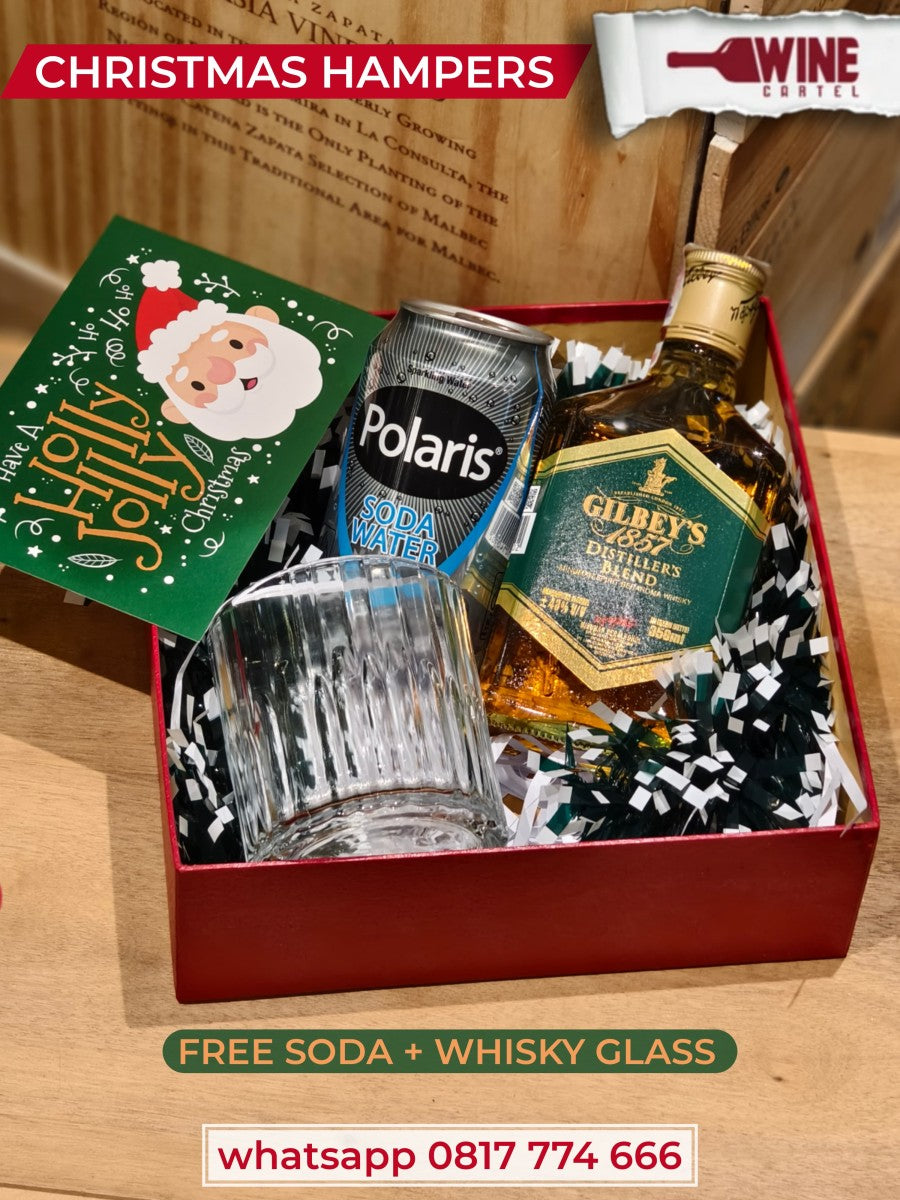 CHRISTMAS SET HAMPERS WHISKY Gilbeys Distiller's Blend Whisky 350ml + POLARIS SODA + GELAS WHISKY GLASS SET NATAL KADO HADIAH SCOTLAND