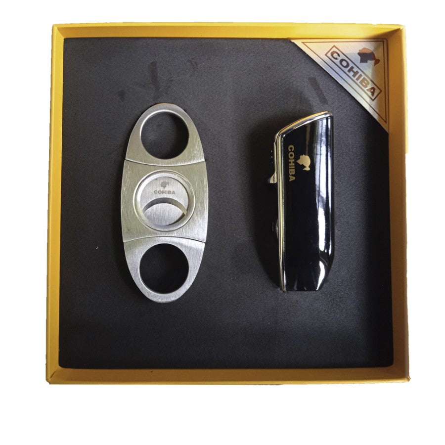 Lighter Cutter Korek Pemotong Cigar Cerutu COHIBA Hitam Gift Box Set