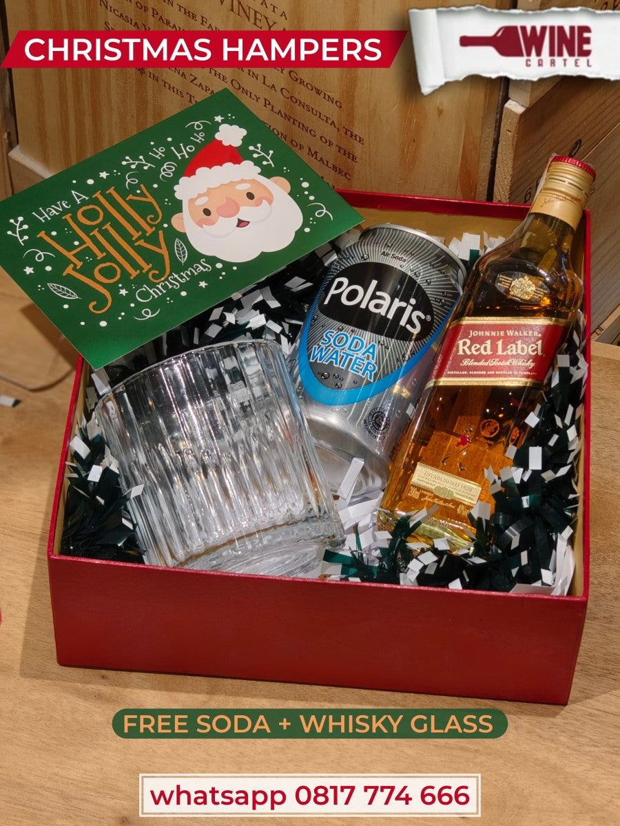 CHRISTMAS HAMPERS SET WHISKY Johnnie Walker Red Label 200ml Small Size + POLARIS SODA + GLASS PACK SET GELAS WHISKY SCOTLAND