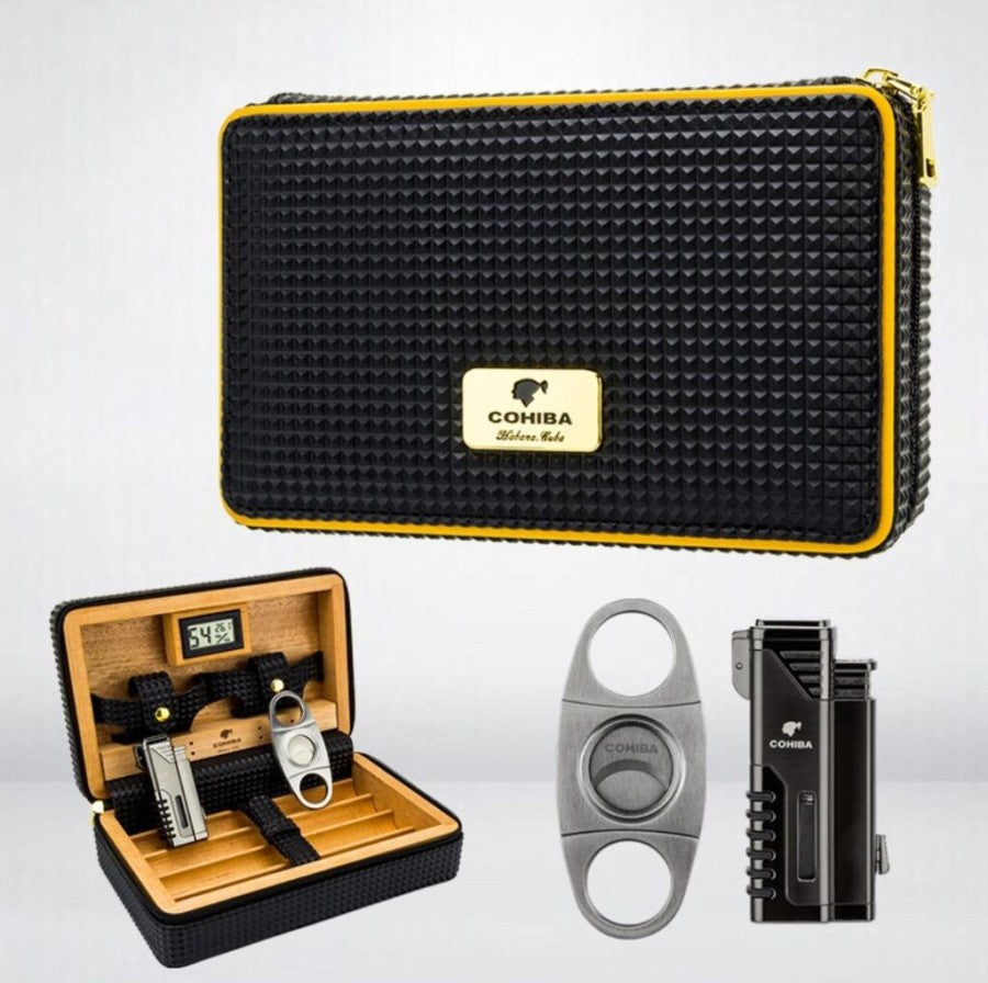 Cohiba Traver Case Bag Humidor BOX Leather Wood Pocket Yellow Black Cigar Set Torch Cutter Hygrometer Digital CIGARS Cerutu Cuban Cigar